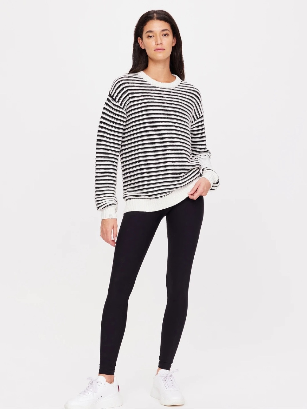The Upside Boo Knit Crew Neck Sweater in Stripe Cream Black Small